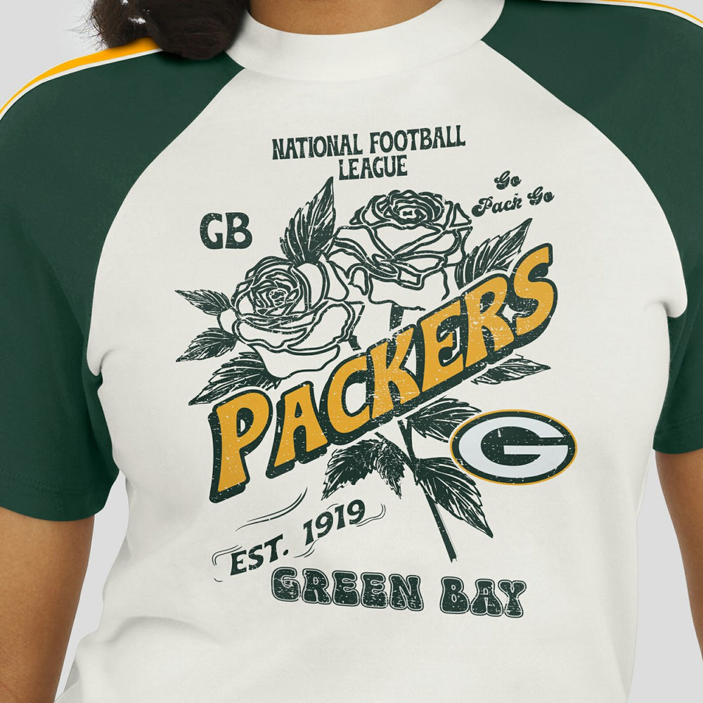 Green Bay Packers WEAR by Erin Andrews Women's Sleeve Stripe Distressed Raglan T-Shirt - White T-shirts