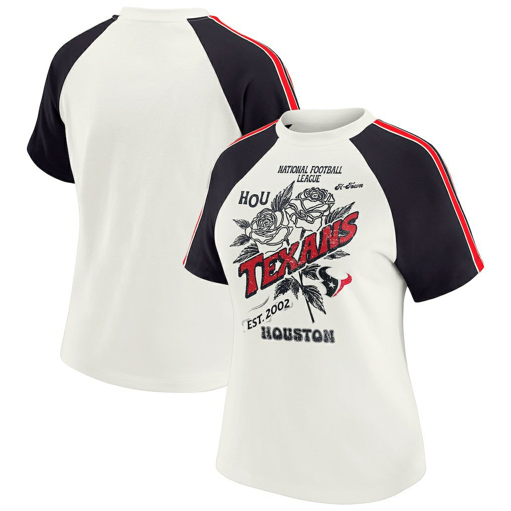 Houston Texans WEAR by Erin Andrews Women's Sleeve Stripe Distressed Raglan T-Shirt - White T-shirts