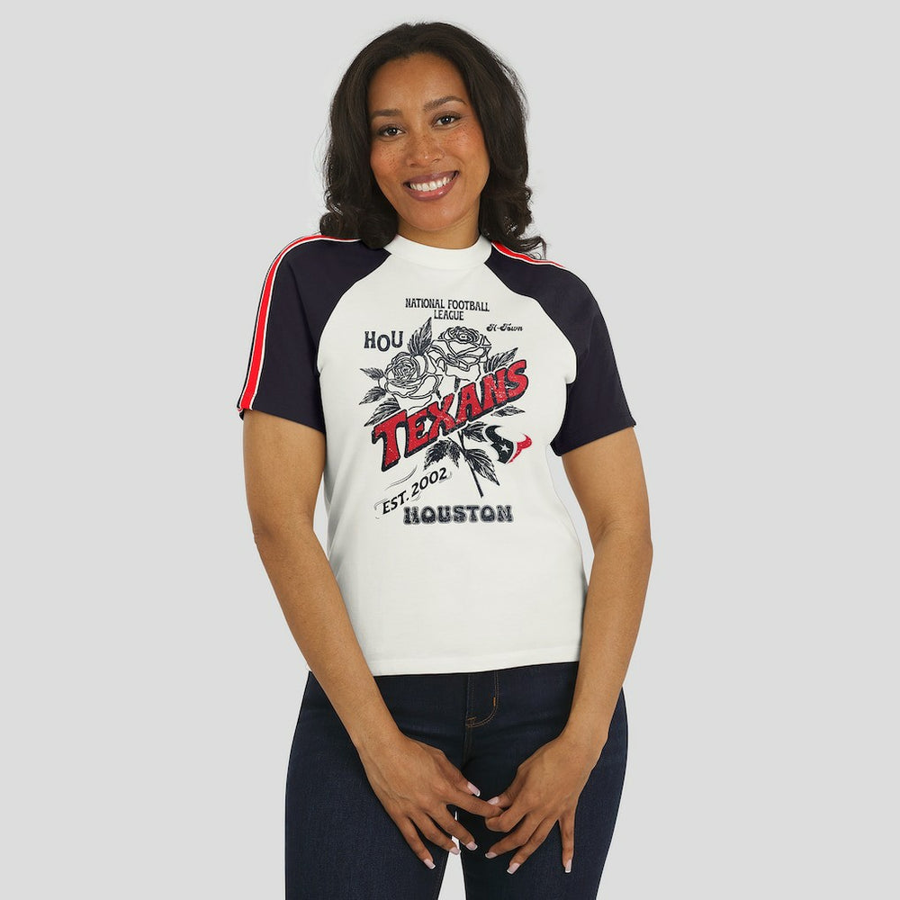 Houston Texans WEAR by Erin Andrews Women's Sleeve Stripe Distressed Raglan T-Shirt - White T-shirts