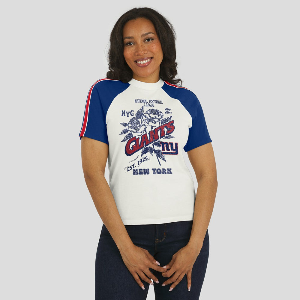 New York Giants WEAR by Erin Andrews Women's Sleeve Stripe Distressed Raglan T-Shirt - White T-shirts