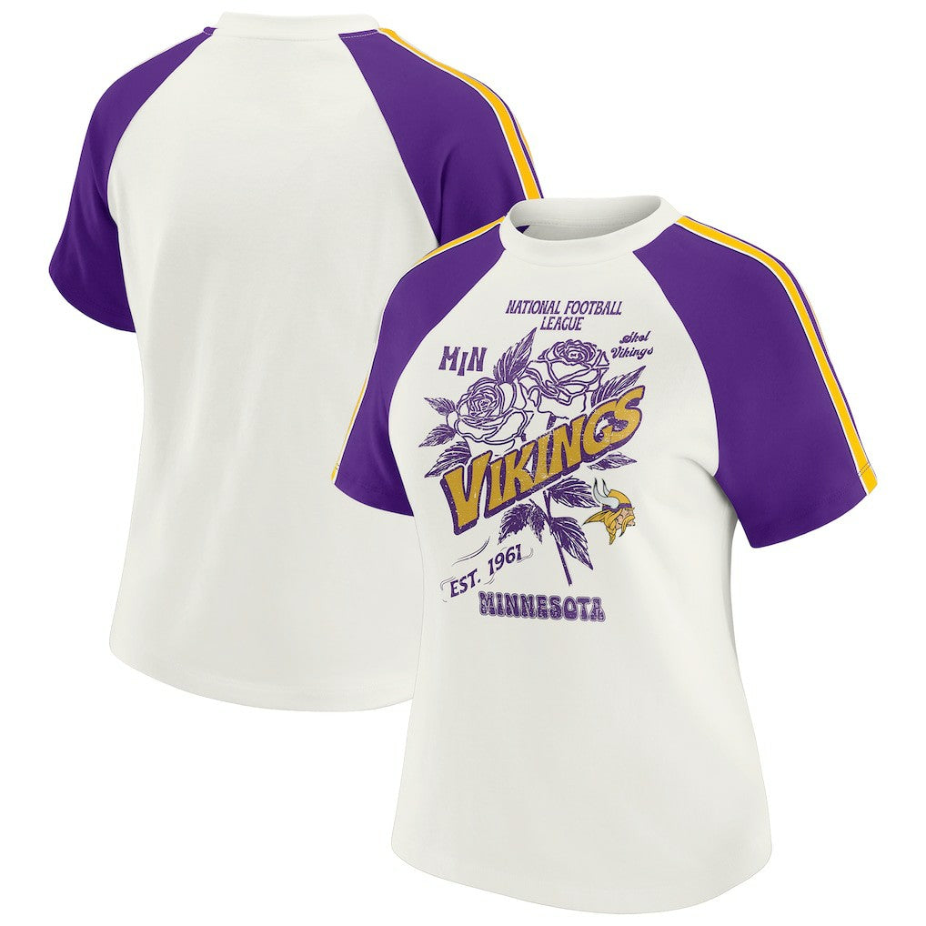 Minnesota Vikings WEAR by Erin Andrews Women's Sleeve Stripe Distressed Raglan T-Shirt - White T-shirts