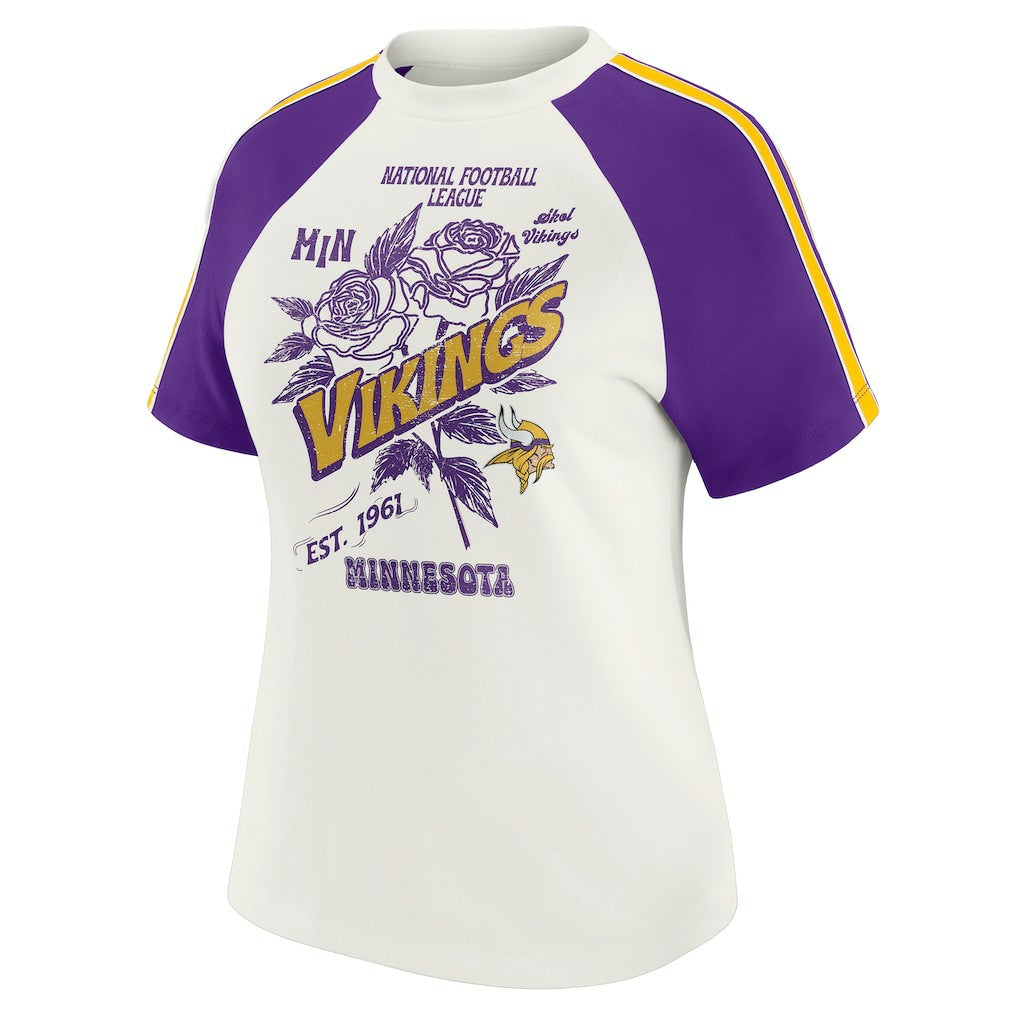 Minnesota Vikings WEAR by Erin Andrews Women's Sleeve Stripe Distressed Raglan T-Shirt - White T-shirts