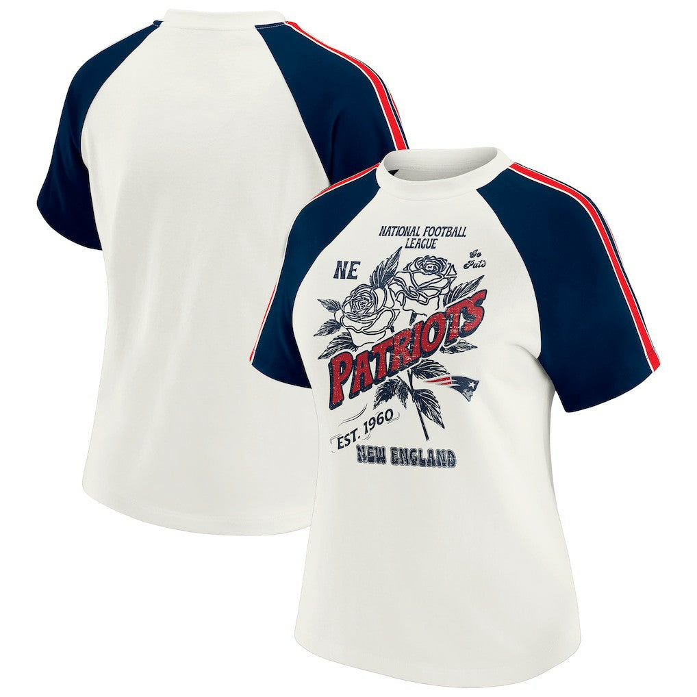 New England Patriots WEAR by Erin Andrews Women's Sleeve Stripe Distressed Raglan T-Shirt - White T-shirts