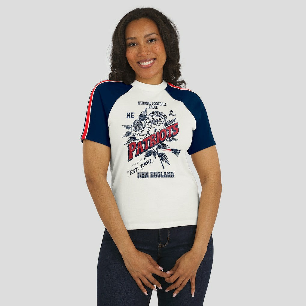 New England Patriots WEAR by Erin Andrews Women's Sleeve Stripe Distressed Raglan T-Shirt - White T-shirts