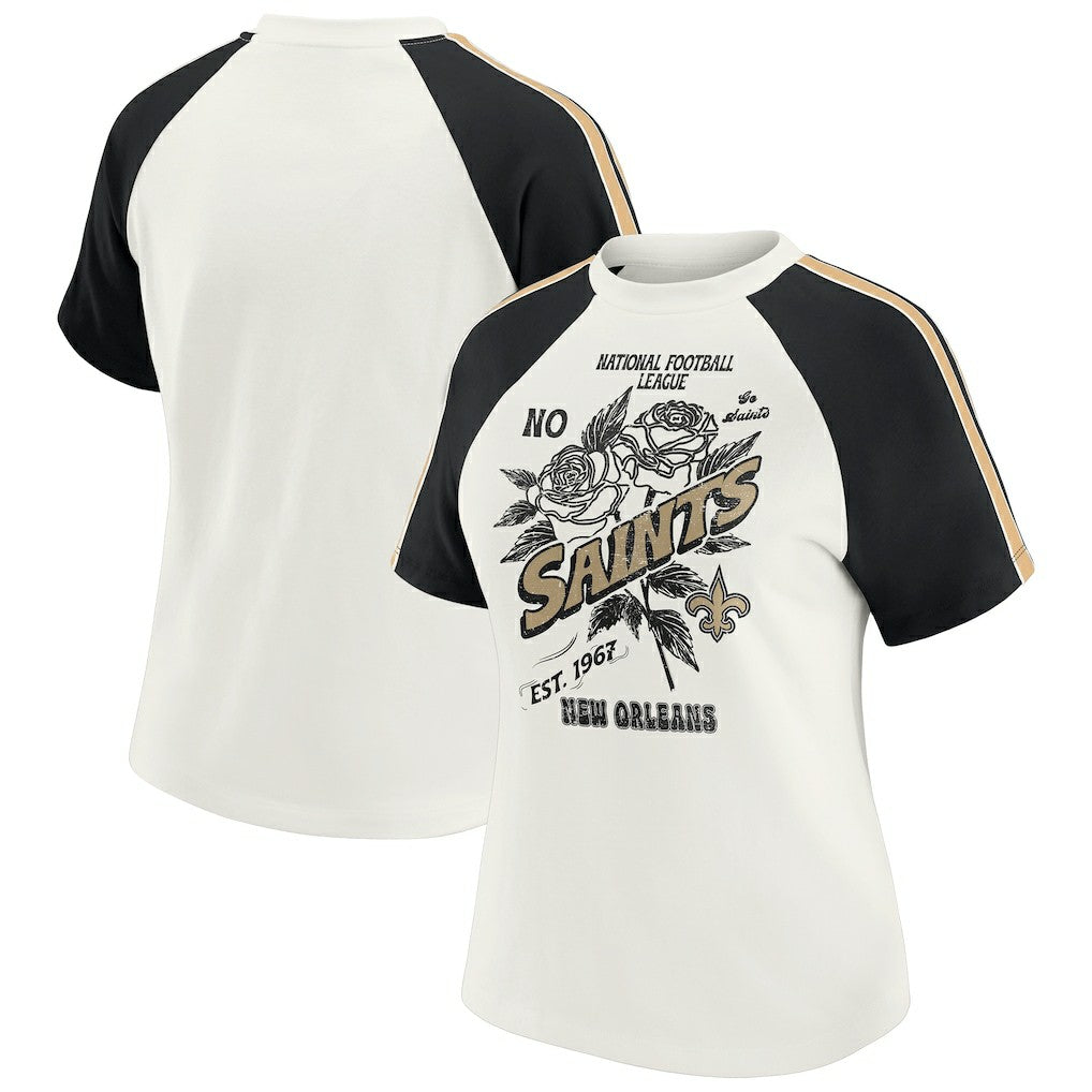 New Orleans Saints WEAR by Erin Andrews Women's Sleeve Stripe Distressed Raglan T-Shirt - White T-shirts