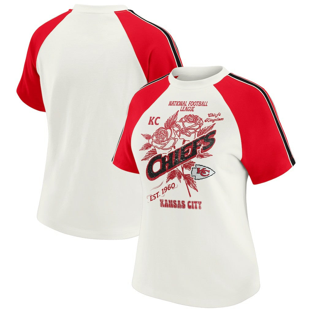 Kansas City Chiefs WEAR by Erin Andrews Women's Sleeve Stripe Distressed Raglan T-Shirt - White T-shirts