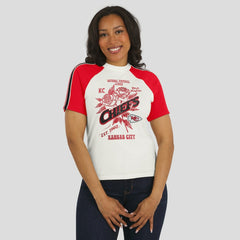 Kansas City Chiefs WEAR by Erin Andrews Women's Sleeve Stripe Distressed Raglan T-Shirt - White T-shirts