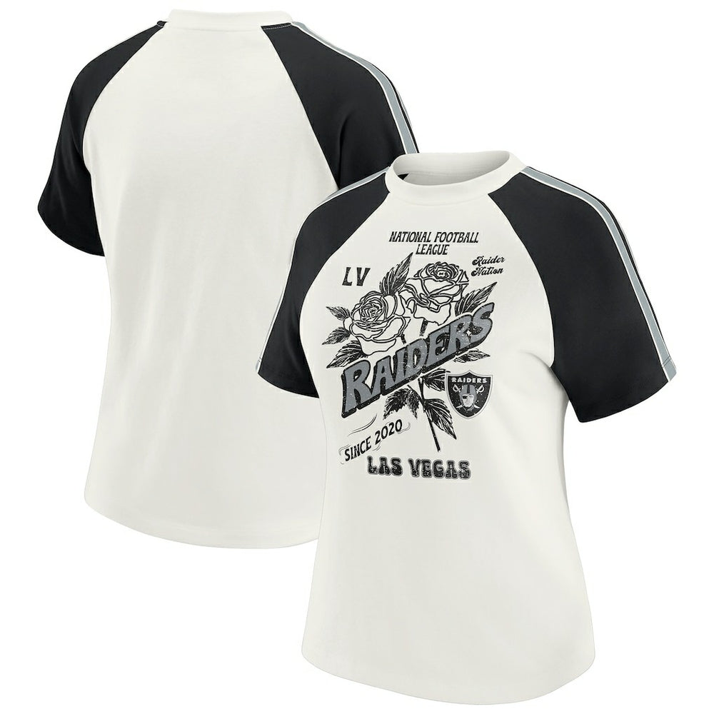 Las Vegas Raiders WEAR by Erin Andrews Women's Sleeve Stripe Distressed Raglan T-Shirt - White T-shirts