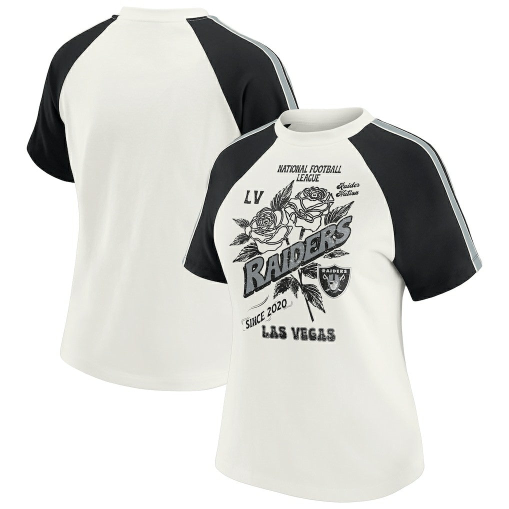 Las Vegas Raiders WEAR by Erin Andrews Women's Sleeve Stripe Distressed Raglan T-Shirt - White T-shirts
