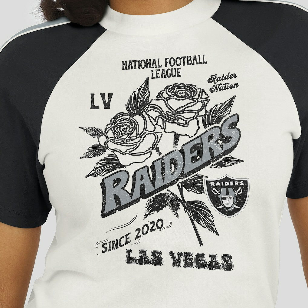 Las Vegas Raiders WEAR by Erin Andrews Women's Sleeve Stripe Distressed Raglan T-Shirt - White T-shirts