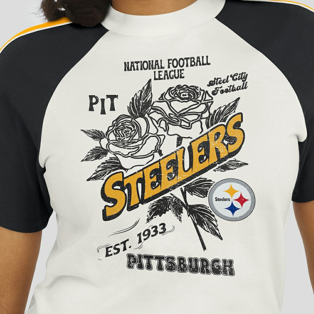 Pittsburgh Steelers WEAR by Erin Andrews Women's Sleeve Stripe Distressed Raglan T-Shirt - White T-shirts