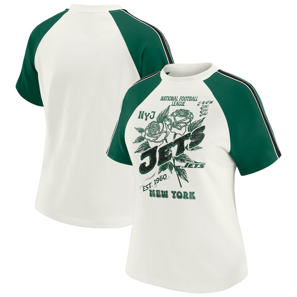 New York Jets WEAR by Erin Andrews Women's Sleeve Stripe Distressed Raglan T-Shirt - White T-shirts