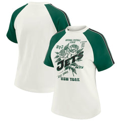 New York Jets WEAR by Erin Andrews Women's Sleeve Stripe Distressed Raglan T-Shirt - White T-shirts