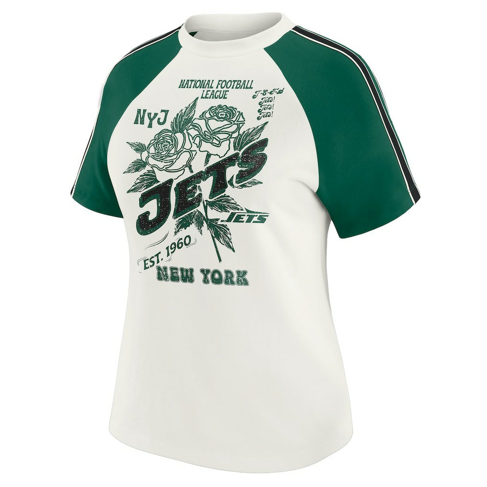 New York Jets WEAR by Erin Andrews Women's Sleeve Stripe Distressed Raglan T-Shirt - White T-shirts