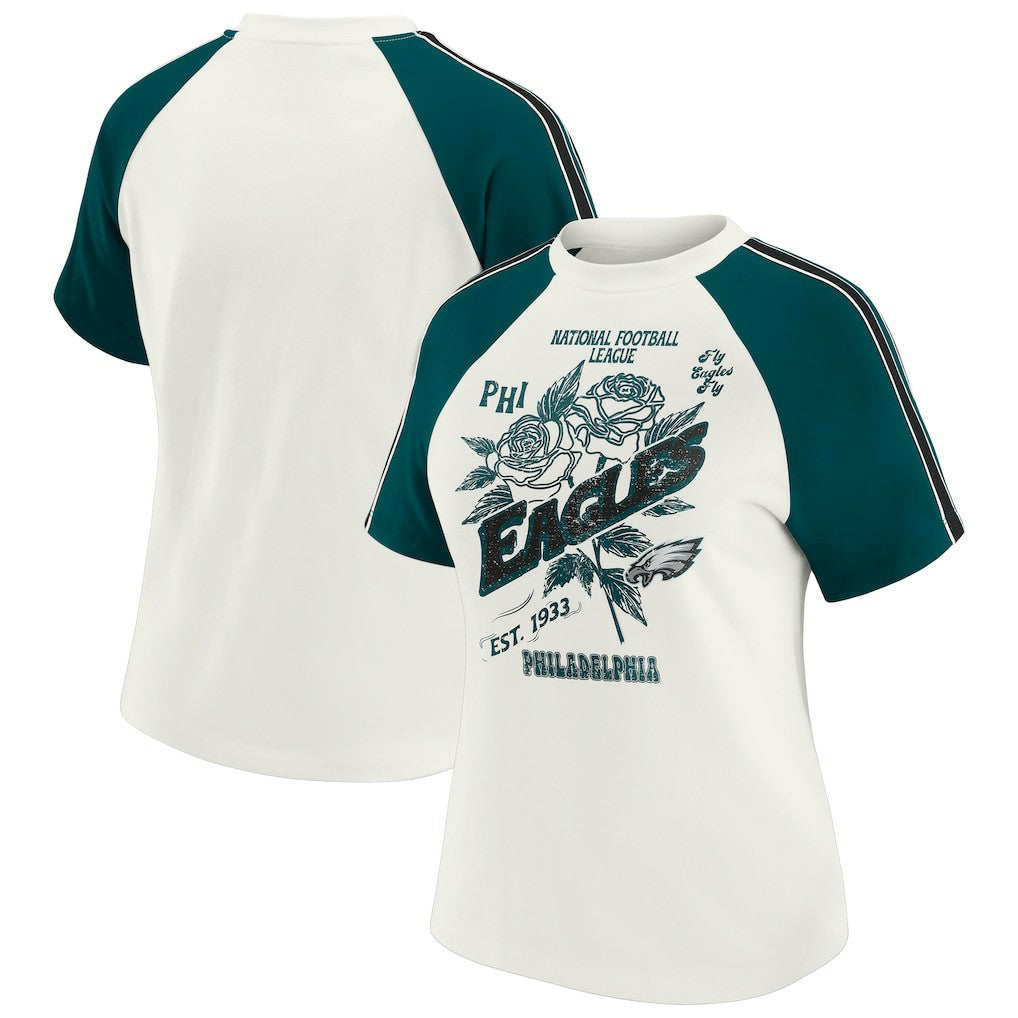Philadelphia Eagles WEAR by Erin Andrews Women's Sleeve Stripe Distressed Raglan T-Shirt - White T-shirts