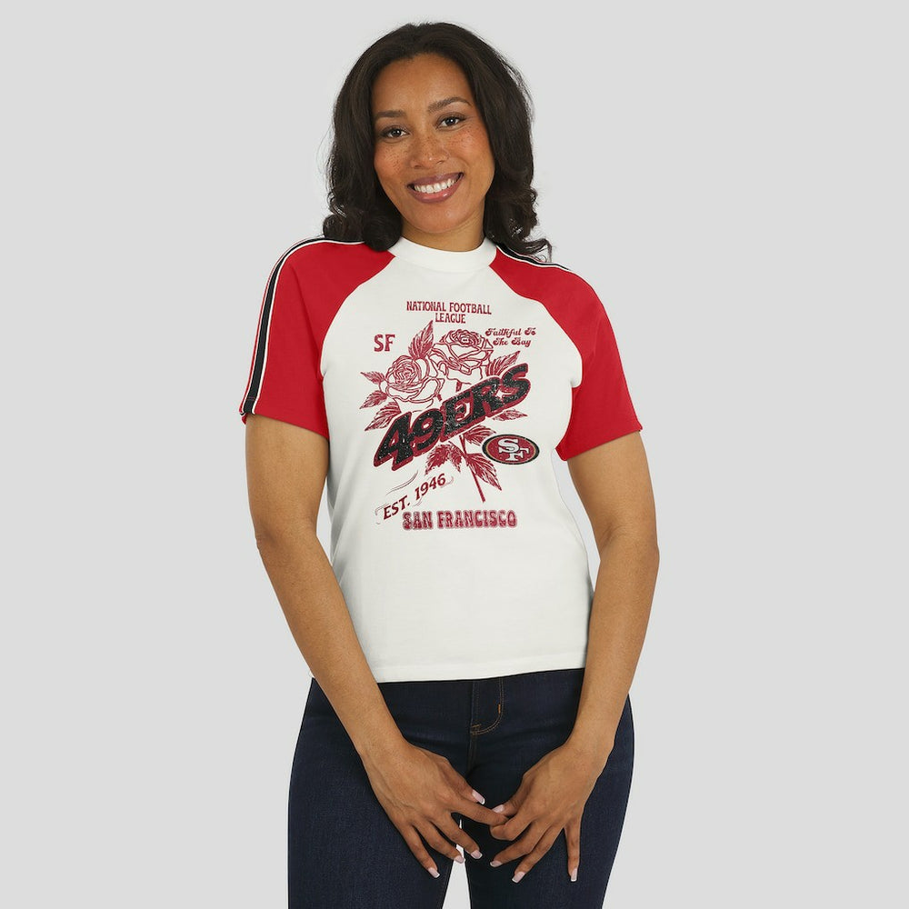 San Francisco 49ers WEAR by Erin Andrews Women's Sleeve Stripe Distressed Raglan T-Shirt - White T-shirts