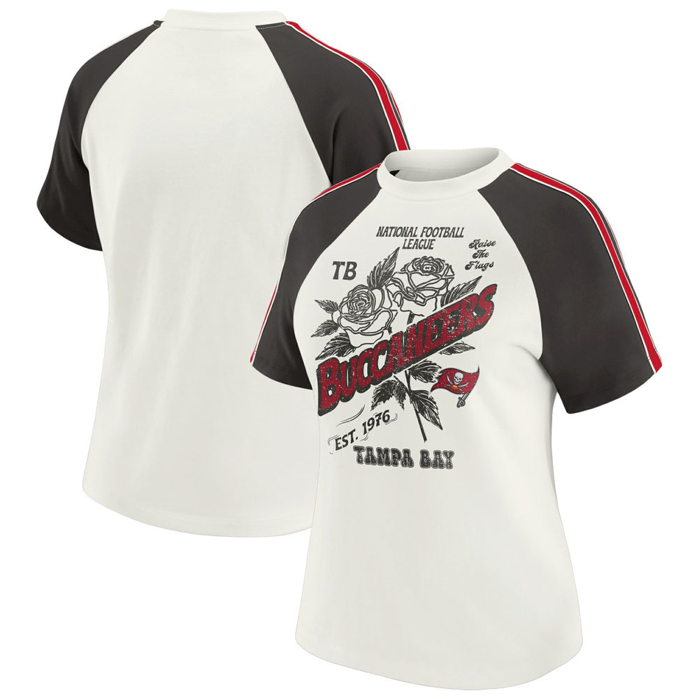 Tampa Bay Buccaneers WEAR by Erin Andrews Women's Sleeve Stripe Distressed Raglan T-Shirt - White T-shirts