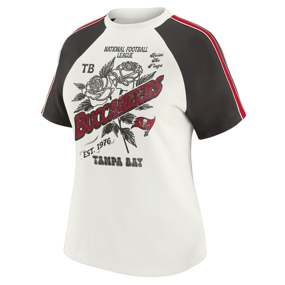 Tampa Bay Buccaneers WEAR by Erin Andrews Women's Sleeve Stripe Distressed Raglan T-Shirt - White T-shirts