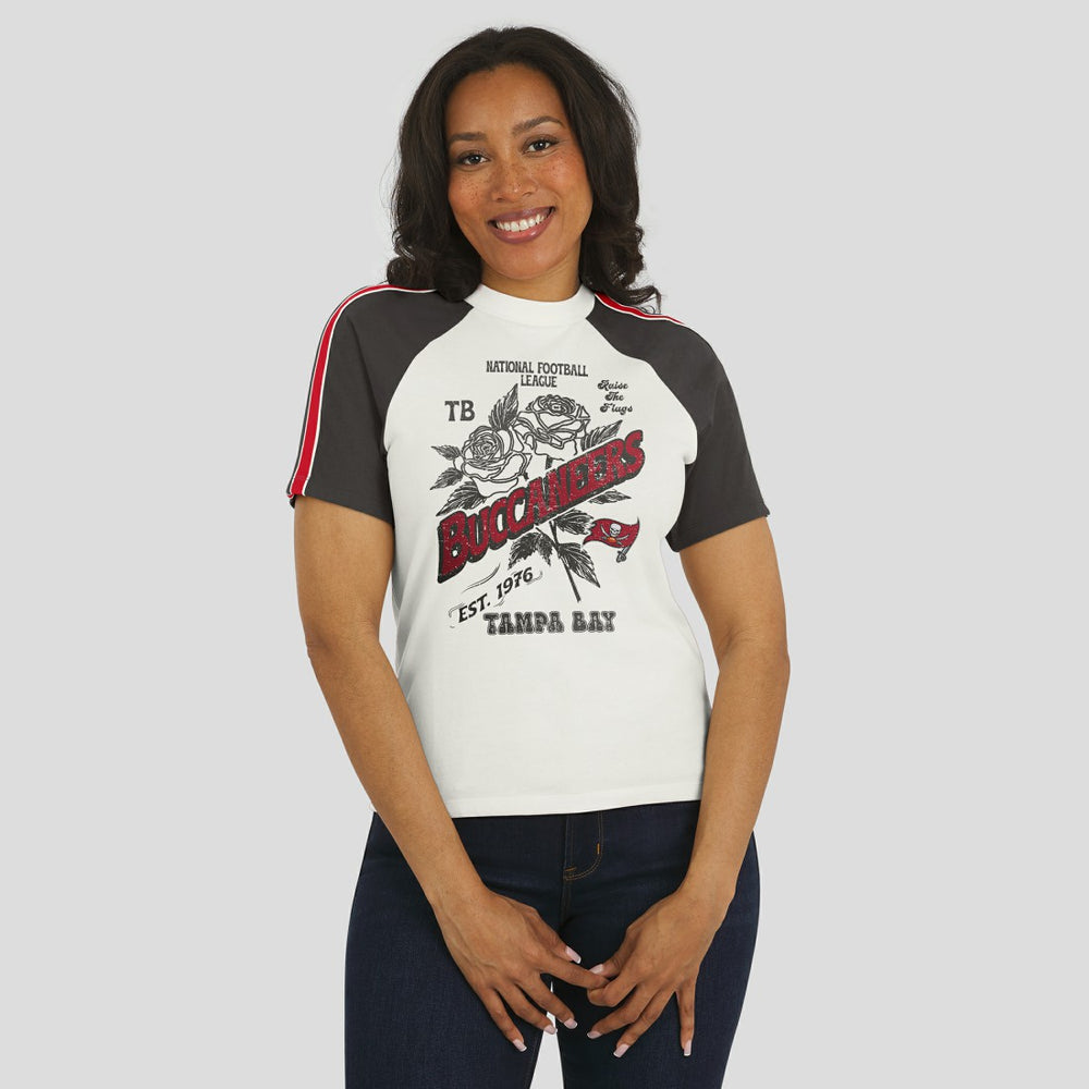 Tampa Bay Buccaneers WEAR by Erin Andrews Women's Sleeve Stripe Distressed Raglan T-Shirt - White T-shirts