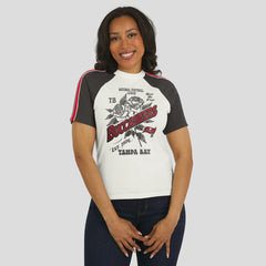 Tampa Bay Buccaneers WEAR by Erin Andrews Women's Sleeve Stripe Distressed Raglan T-Shirt - White T-shirts