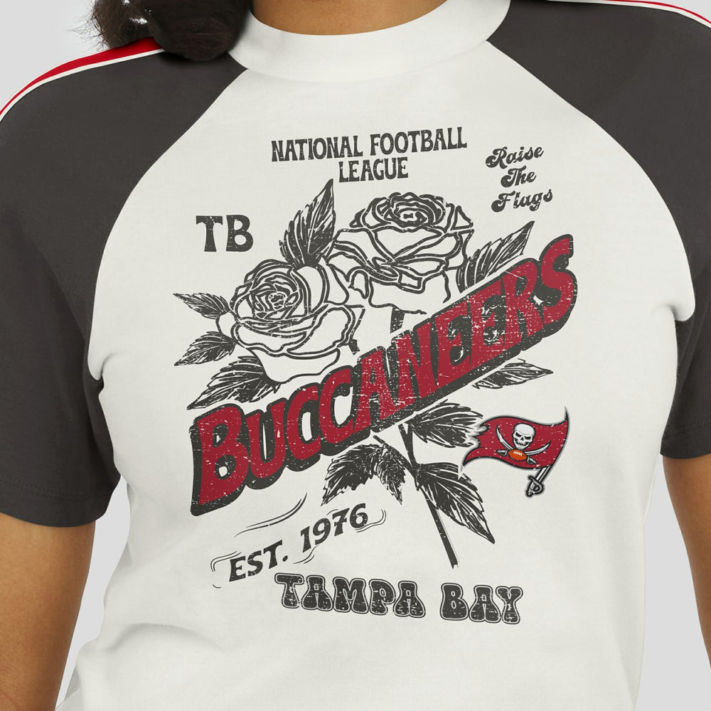 Tampa Bay Buccaneers WEAR by Erin Andrews Women's Sleeve Stripe Distressed Raglan T-Shirt - White T-shirts