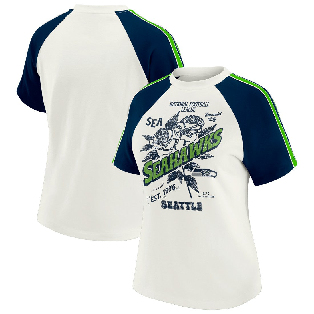 Seattle Seahawks WEAR by Erin Andrews Women's Sleeve Stripe Distressed Raglan T-Shirt - White T-shirts