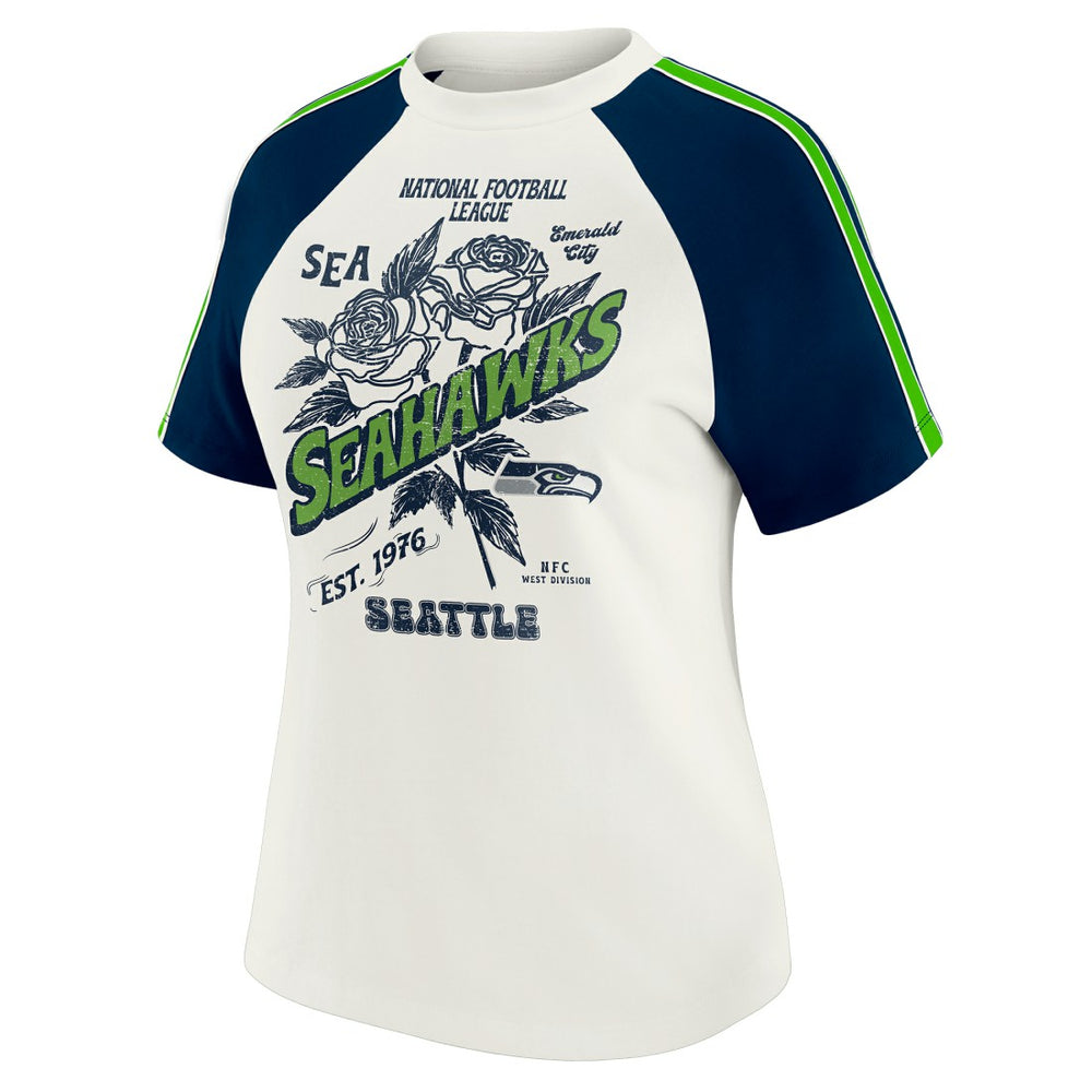 Seattle Seahawks WEAR by Erin Andrews Women's Sleeve Stripe Distressed Raglan T-Shirt - White T-shirts