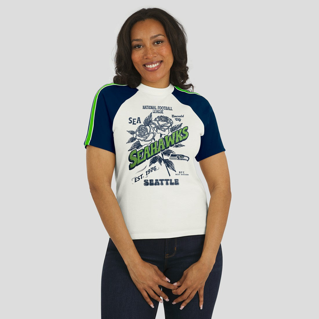 Seattle Seahawks WEAR by Erin Andrews Women's Sleeve Stripe Distressed Raglan T-Shirt - White T-shirts