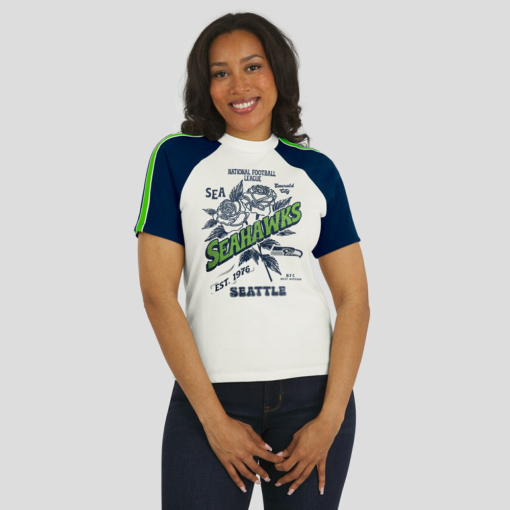 Seattle Seahawks WEAR by Erin Andrews Women's Sleeve Stripe Distressed Raglan T-Shirt - White T-shirts