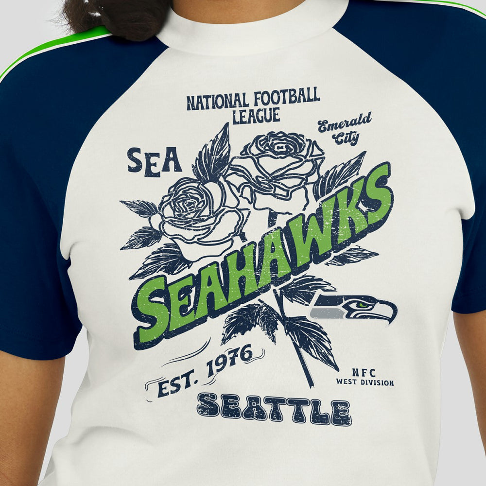 Seattle Seahawks WEAR by Erin Andrews Women's Sleeve Stripe Distressed Raglan T-Shirt - White T-shirts