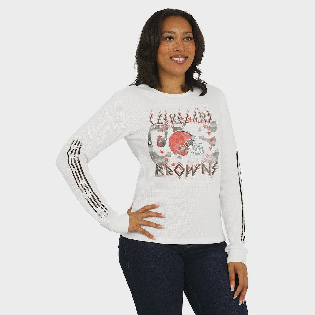 Cleveland Browns WEAR by Erin Andrews Women's Graphic Waffle Long-Sleeve T-Shirt - White T-shirts