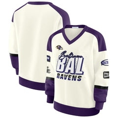 Baltimore Ravens WEAR by Erin Andrews Women's Racing Crew V-Neck Sweatshirt - Cream Sweatshirts