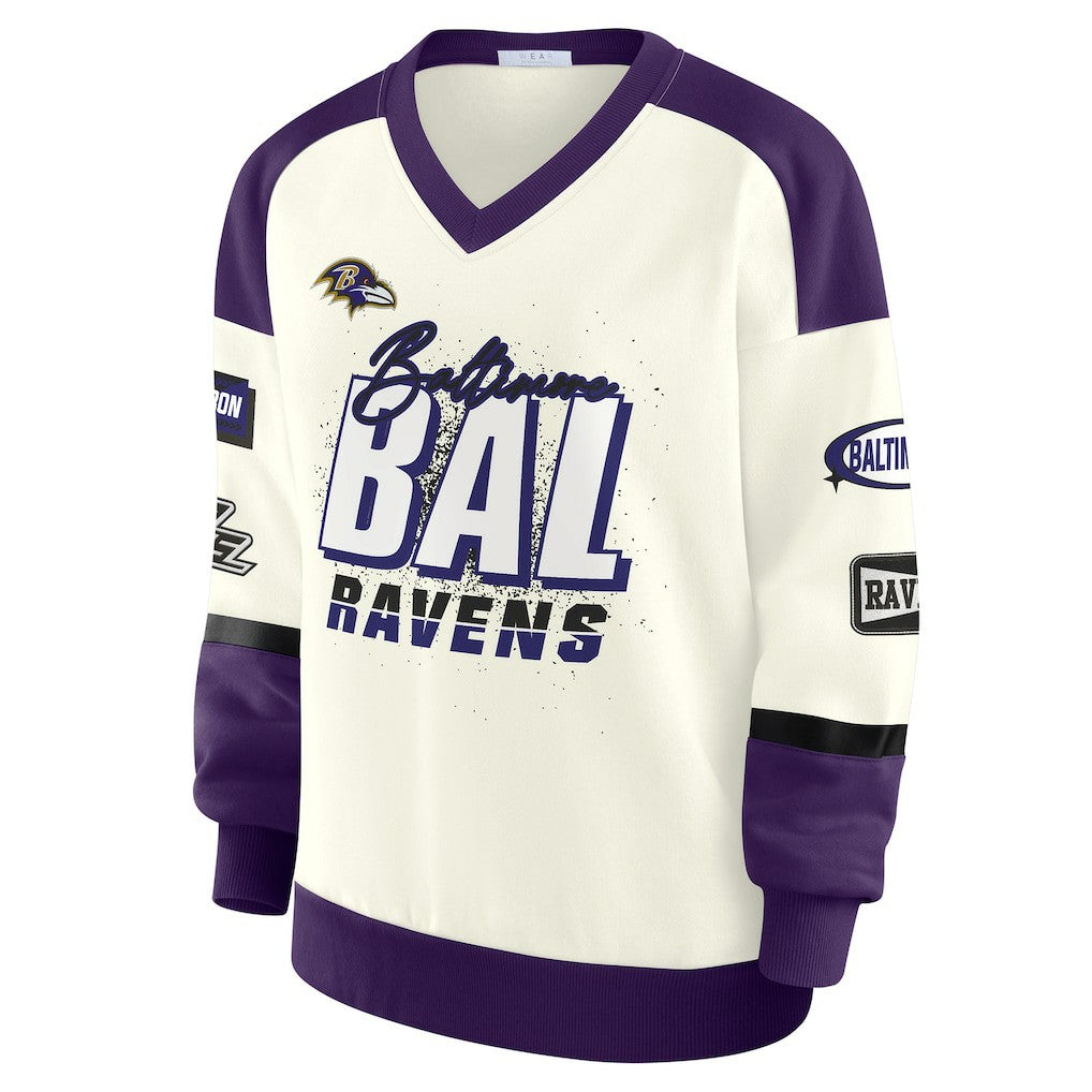 Baltimore Ravens WEAR by Erin Andrews Women's Racing Crew V-Neck Sweatshirt - Cream Sweatshirts