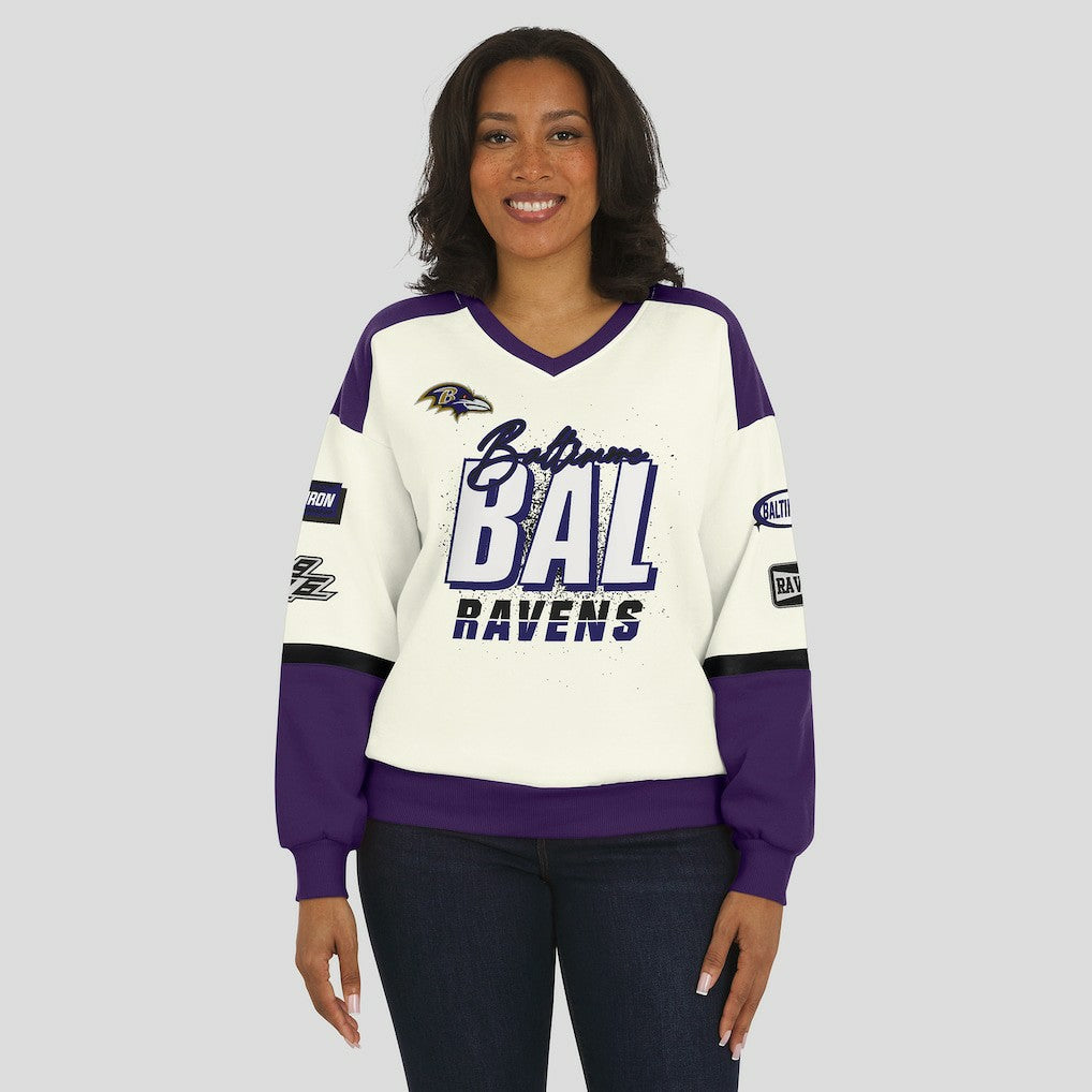 Baltimore Ravens WEAR by Erin Andrews Women's Racing Crew V-Neck Sweatshirt - Cream Sweatshirts