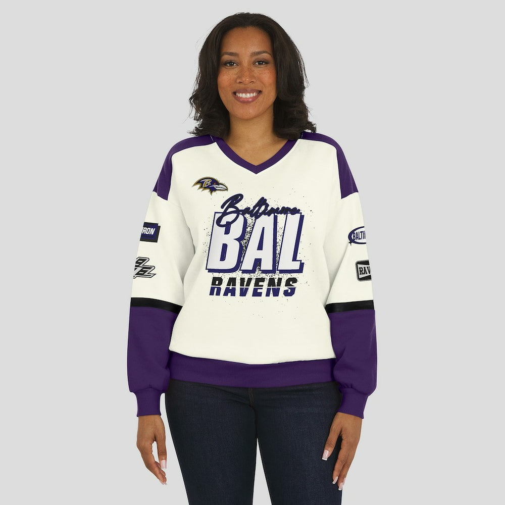 Baltimore Ravens WEAR by Erin Andrews Women's Racing Crew V-Neck Sweatshirt - Cream Sweatshirts