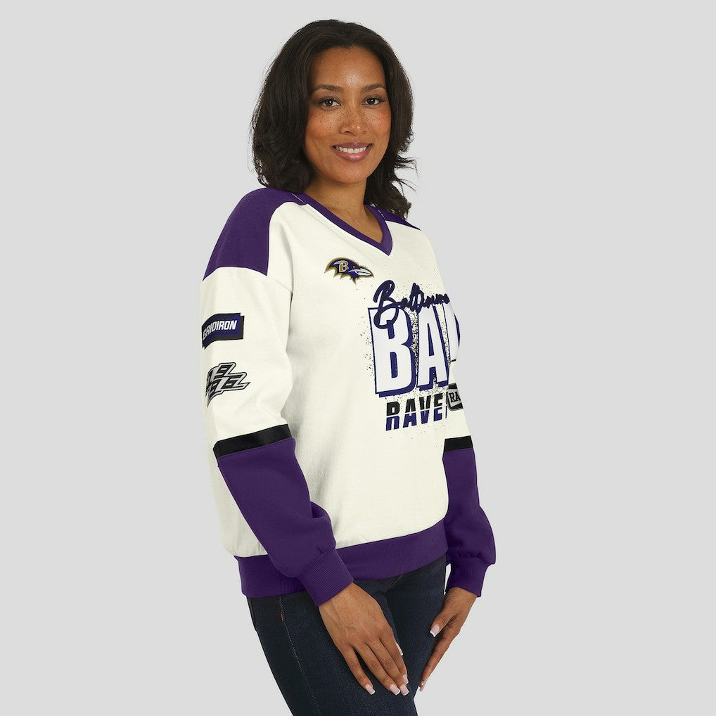 Baltimore Ravens WEAR by Erin Andrews Women's Racing Crew V-Neck Sweatshirt - Cream Sweatshirts