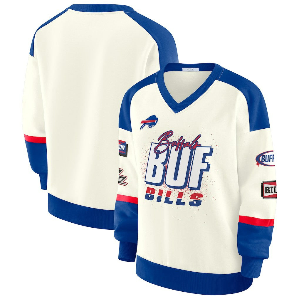 Buffalo Bills WEAR by Erin Andrews Women's Racing Crew V-Neck Sweatshirt - Cream Sweatshirts
