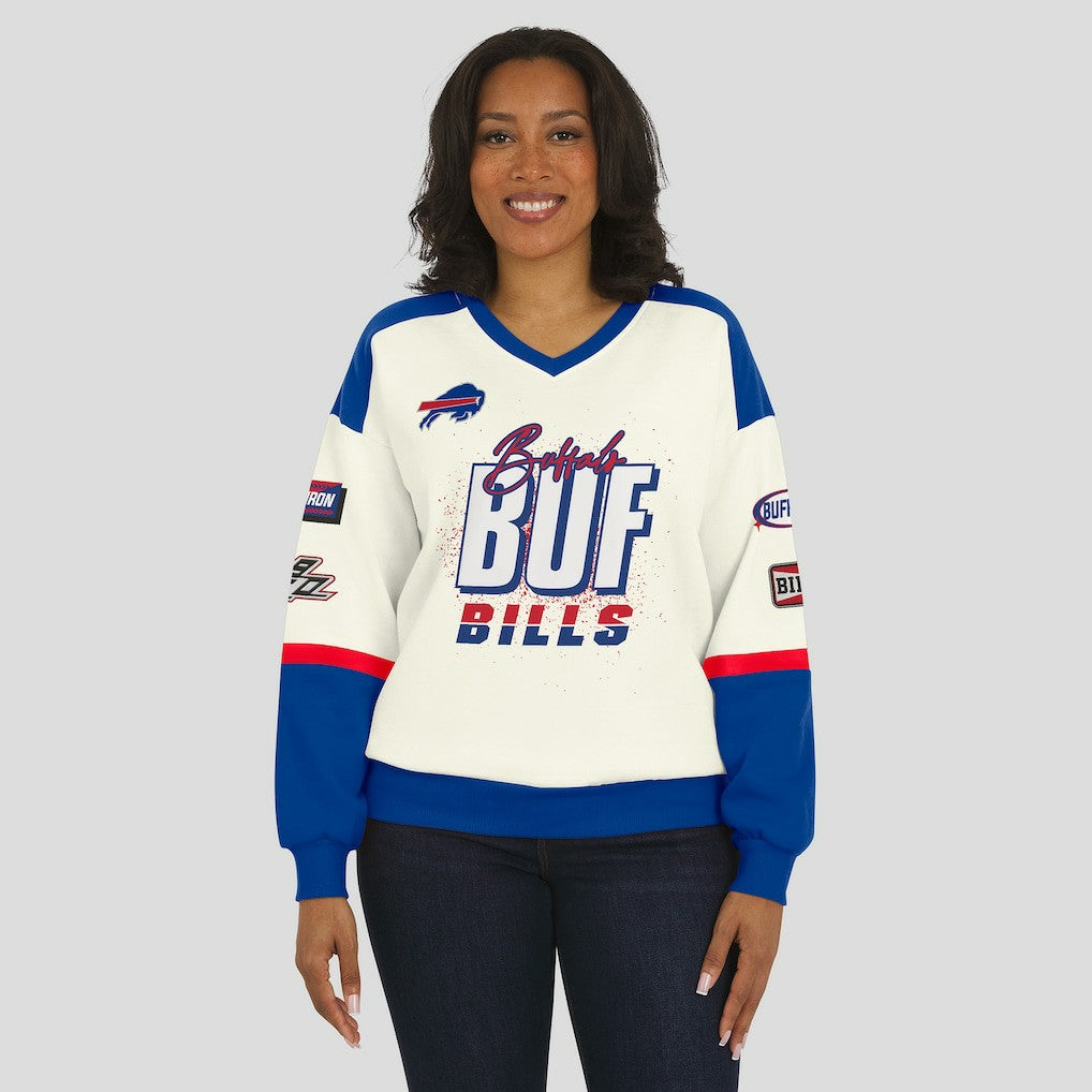 Buffalo Bills WEAR by Erin Andrews Women's Racing Crew V-Neck Sweatshirt - Cream Sweatshirts