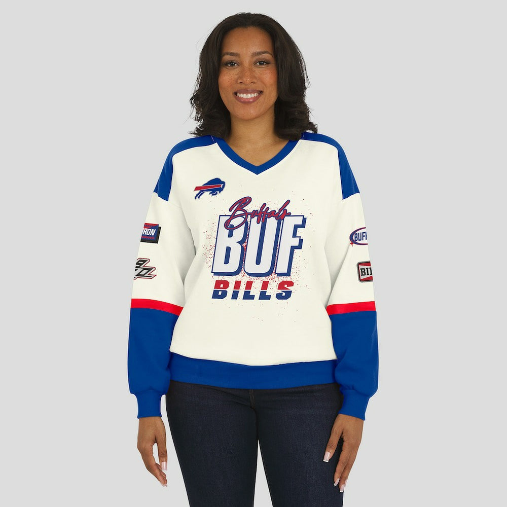 Buffalo Bills WEAR by Erin Andrews Women's Racing Crew V-Neck Sweatshirt - Cream Sweatshirts