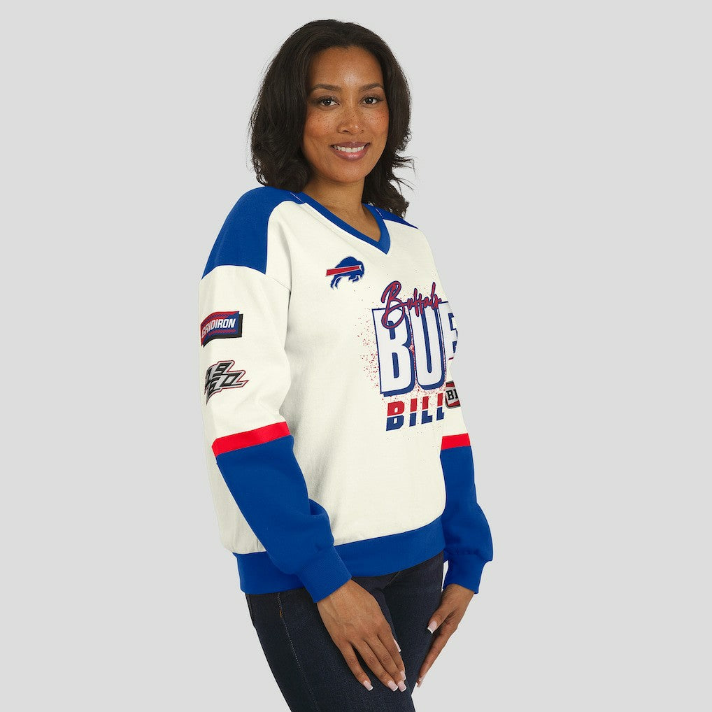 Buffalo Bills WEAR by Erin Andrews Women's Racing Crew V-Neck Sweatshirt - Cream Sweatshirts