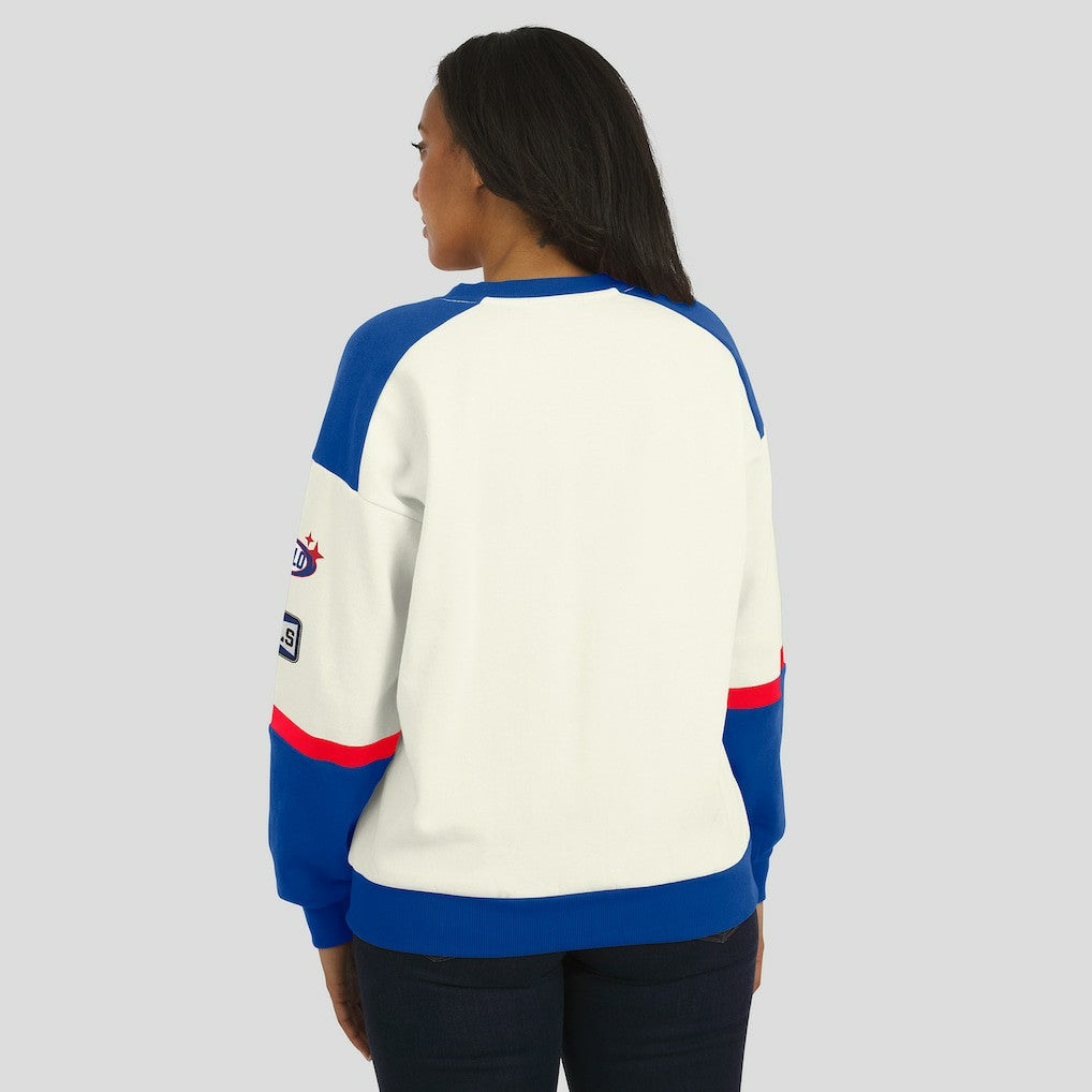 Buffalo Bills WEAR by Erin Andrews Women's Racing Crew V-Neck Sweatshirt - Cream Sweatshirts