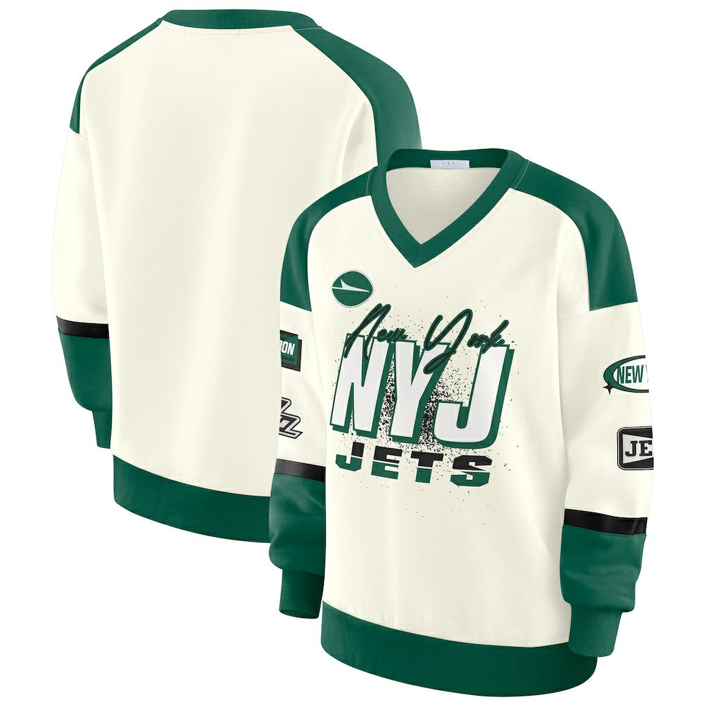 New York Jets WEAR by Erin Andrews Women's Racing Crew V-Neck Sweatshirt - Cream Sweatshirts