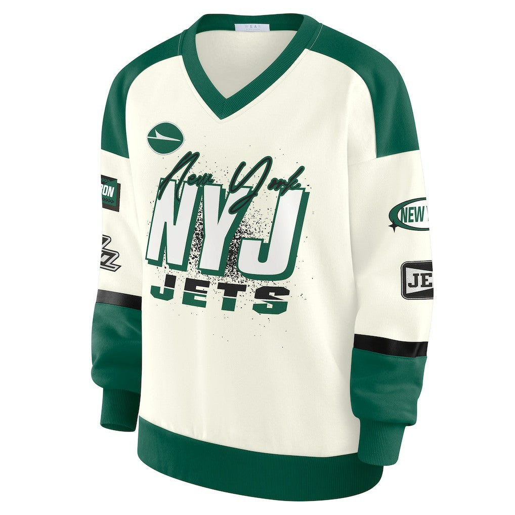 New York Jets WEAR by Erin Andrews Women's Racing Crew V-Neck Sweatshirt - Cream Sweatshirts