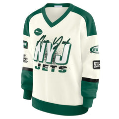 New York Jets WEAR by Erin Andrews Women's Racing Crew V-Neck Sweatshirt - Cream Sweatshirts