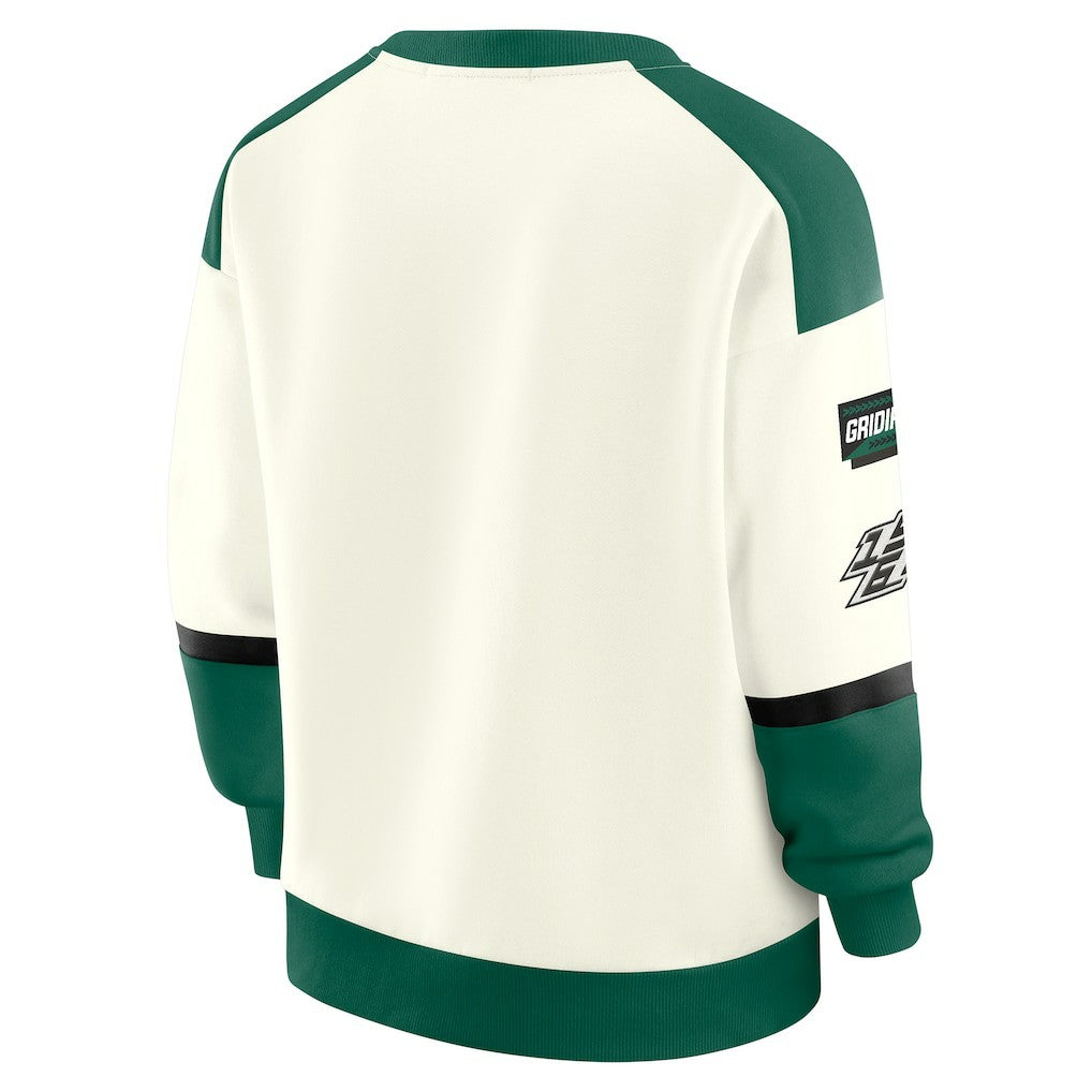 New York Jets WEAR by Erin Andrews Women's Racing Crew V-Neck Sweatshirt - Cream Sweatshirts