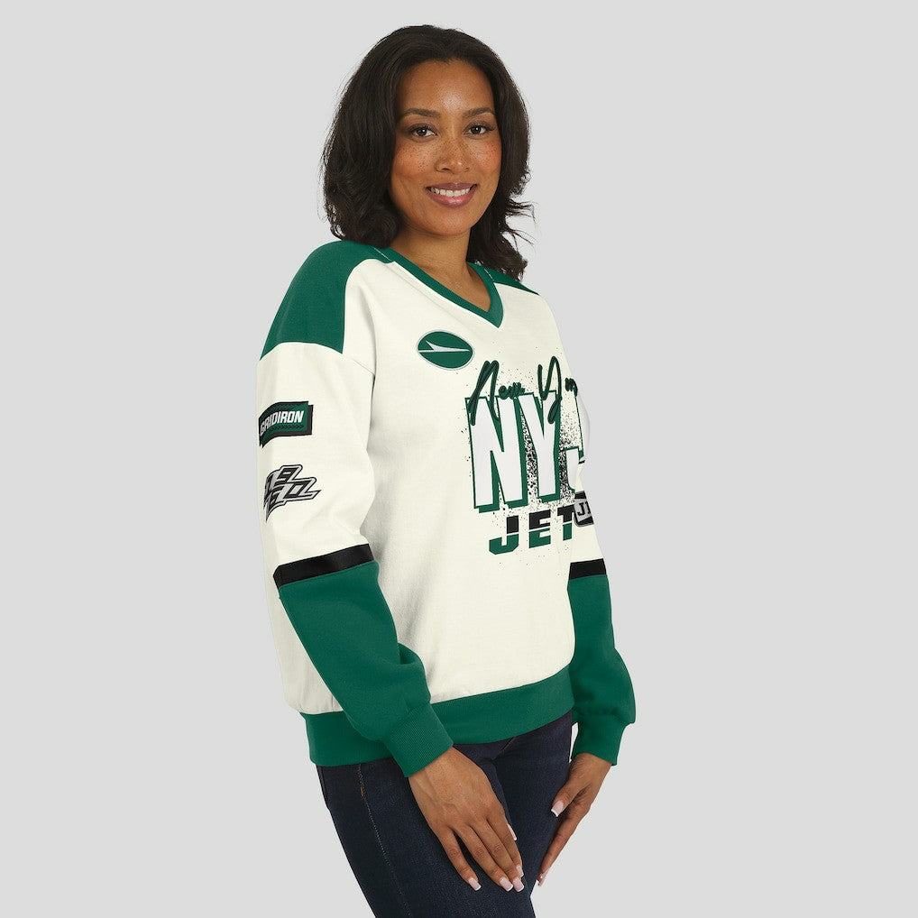 New York Jets WEAR by Erin Andrews Women's Racing Crew V-Neck Sweatshirt - Cream Sweatshirts