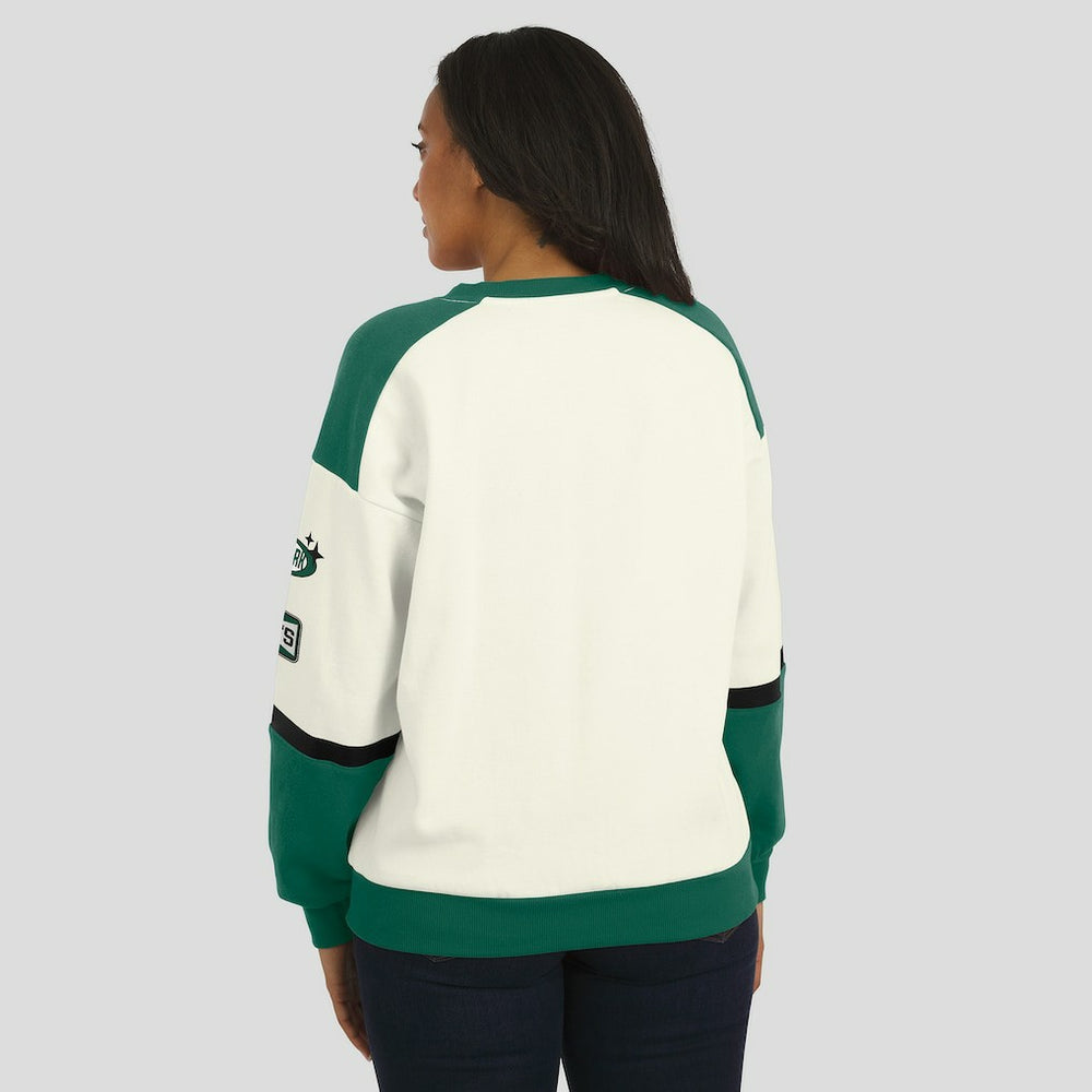 New York Jets WEAR by Erin Andrews Women's Racing Crew V-Neck Sweatshirt - Cream Sweatshirts