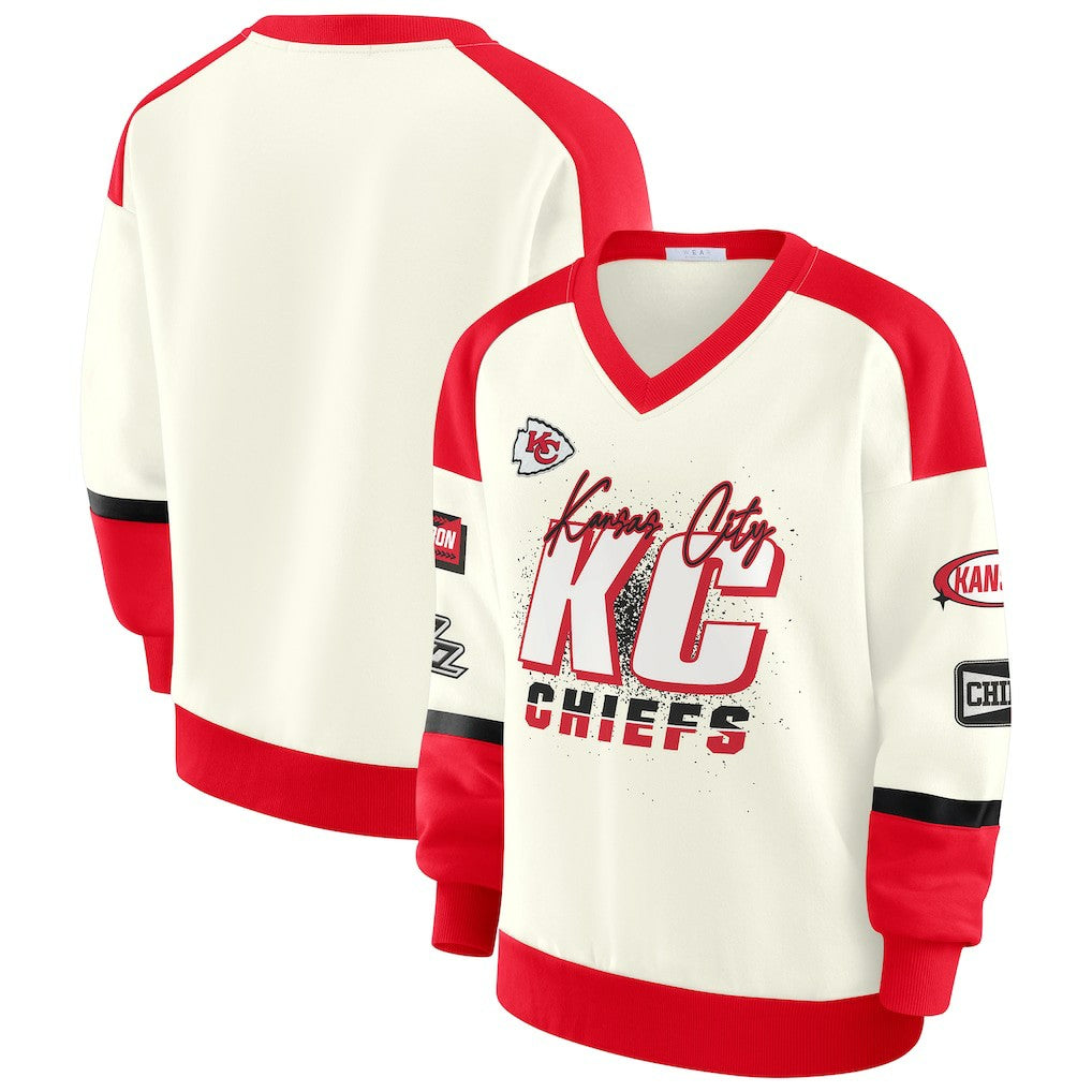 Kansas City Chiefs WEAR by Erin Andrews Women's Racing Crew V-Neck Sweatshirt - Cream Sweatshirts