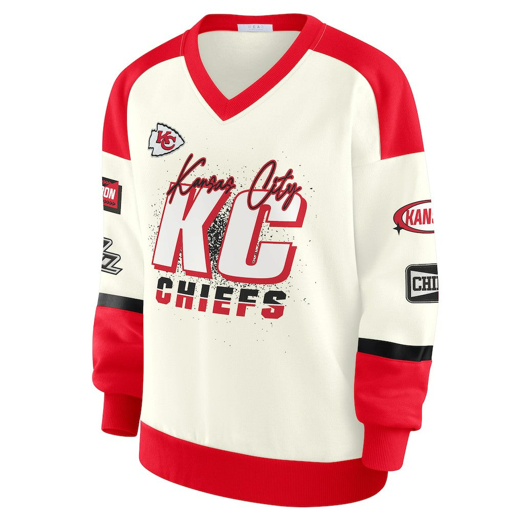 Kansas City Chiefs WEAR by Erin Andrews Women's Racing Crew V-Neck Sweatshirt - Cream Sweatshirts