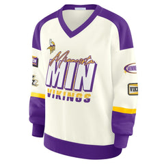 Minnesota Vikings WEAR by Erin Andrews Women's Racing Crew V-Neck Sweatshirt - Cream Sweatshirts